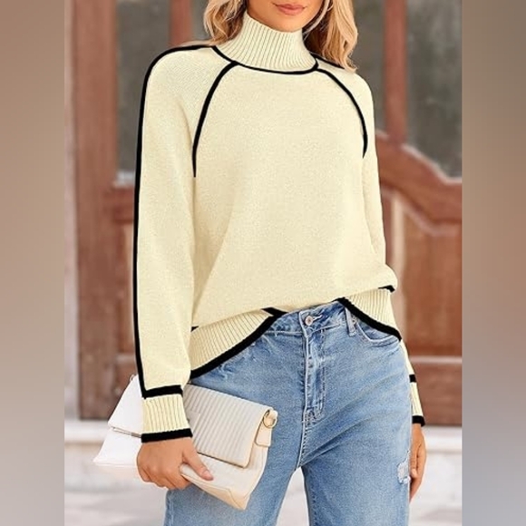 Elegant Cream Turtleneck Sweater with Black Trim - Picture 2 of 3